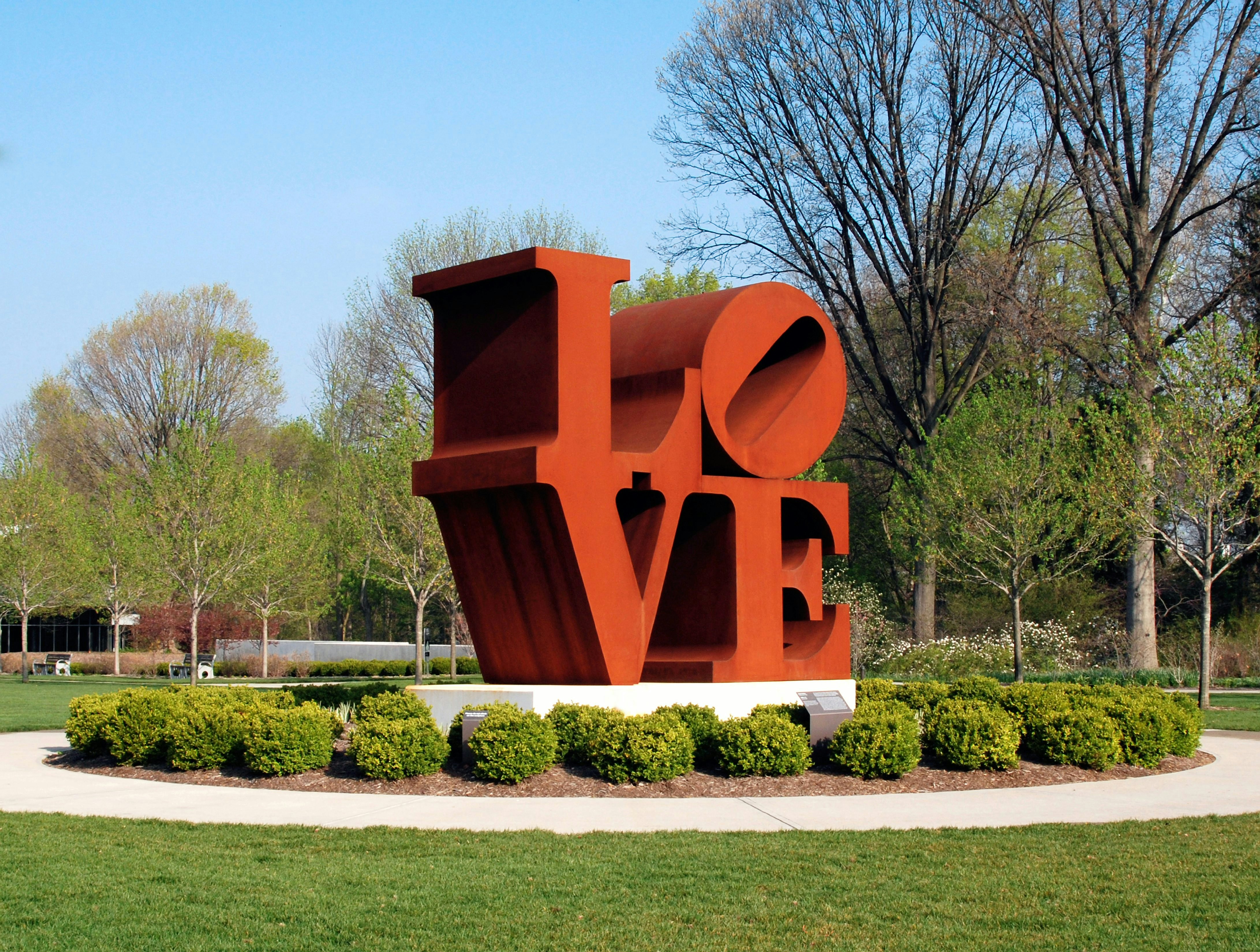 Love by American artist Robert Indiana, 1970. Gift of the Friends of the Indianapolis Museum of Art in memory of Henry F. DeBoest. Restoration was made possible by Patricia J. and James E. LaCrosse. (Photo by Indianapolis Museum of Art/Getty Images)